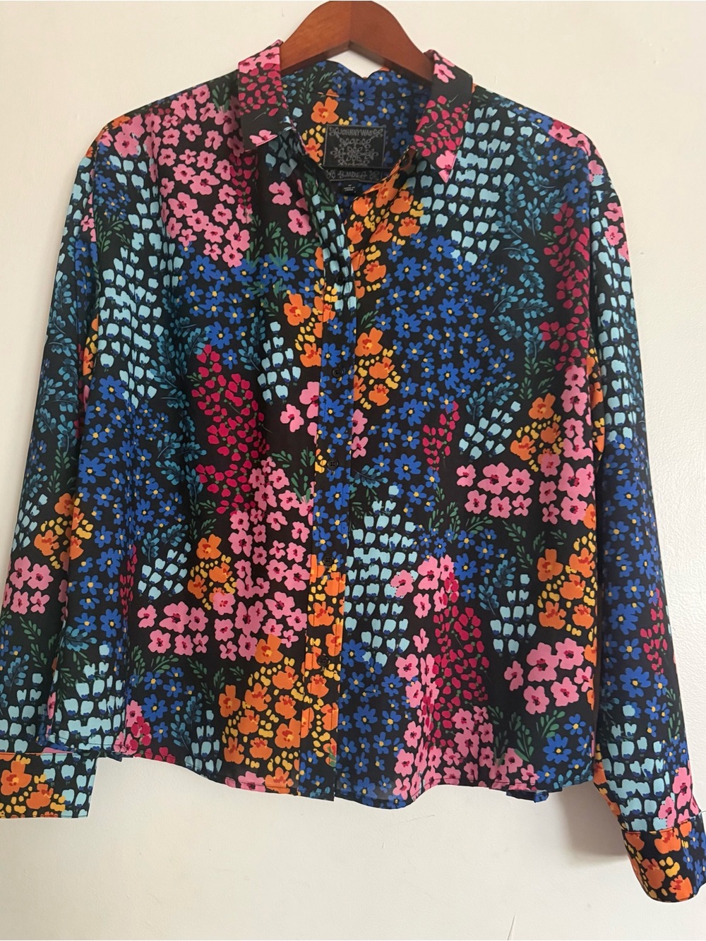 Johnny Was Navy Floral Button-Up Shirt with Pink, Blue & Orange Blooms